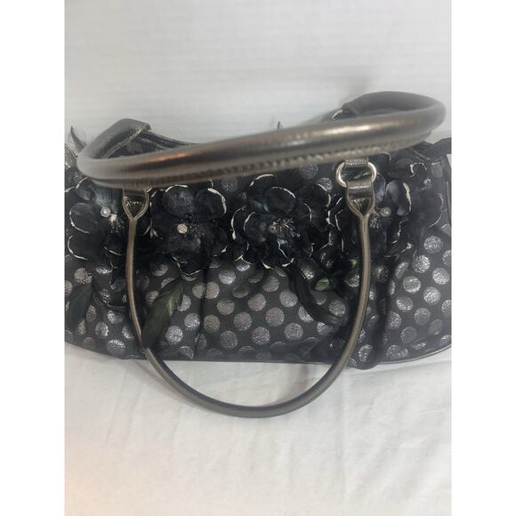 Hananel Black Feathers Flowers Bling Purse Hand Bag Embellished Silver Polka Dot - Picture 6 of 16